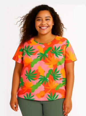 Blusa Feminina Plus Size Rosa Tropical