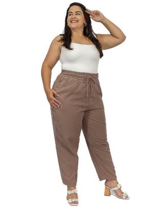 Calça Feminina Plus Size, Cós de Elastico, Marrom Claro