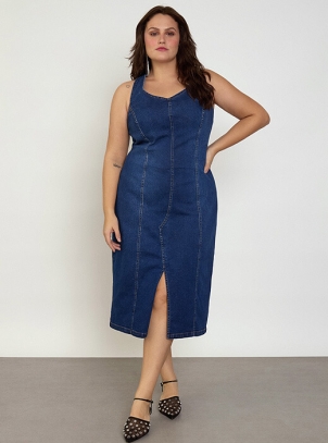 Vestido Plus Size Jeans Midi Com Fenda