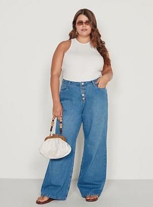 Calça Feminina Plus Size Wide Leg Cós Elástico