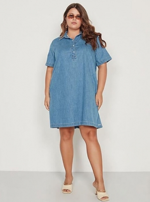 Vestido Plus Size Jeans Curto Com Bolsos