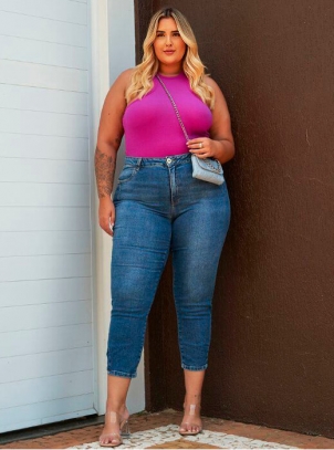 Calça Feminina Plus Size Cropped Azul Estonada