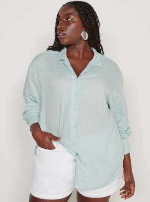 Camisa Feminina Plus Size em Linho Verde Claro