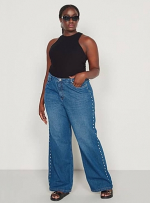Calça Feminina Plus Size Wide Leg Jeans Tachas Laterais