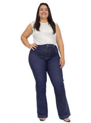 Calça Flare Plus Size Azul Jeans Cintura Alta