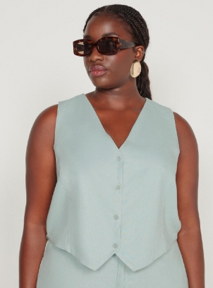 Colete Alfaiataria em Linho Plus Size Verde Água