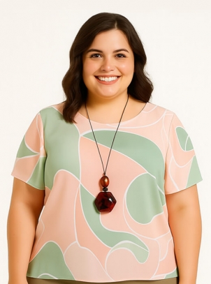 Blusa Feminina Plus Size Estampa Coral e Verde