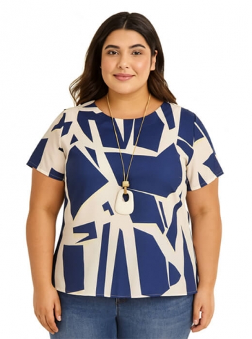 Blusa Feminina Plus Size Estampa Geométrica Azul