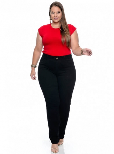Calça Plus Size Skinny Preta Bolso Bordado