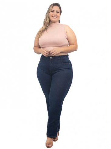 Calça Feminina Plus Size Reta, Alta, Bolso Pespontado