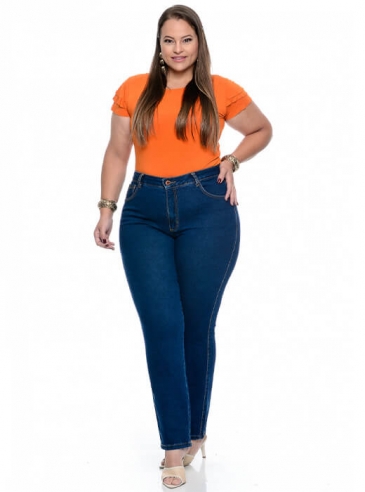 Calça Plus Size Cigarrete Cintura Alta Azul Jeans