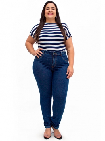 Calça Plus Size Skinny Cintura Alta Básica Azul Jeans