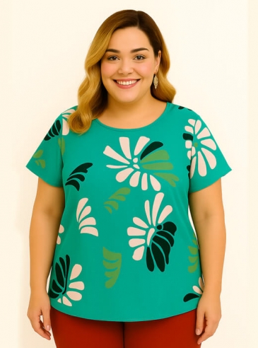 Blusa Feminina Plus Size Floral Verde Escuro