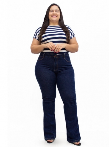 Calça Flare Plus Size Azul Jeans Alta Bolso Bordado