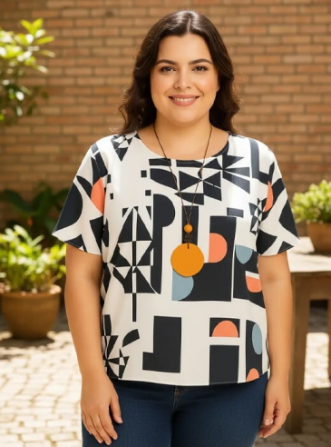 Blusa Feminina Plus Size Branco e Preto
