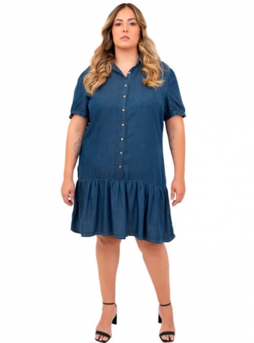 Vestido Plus Size Jeans, Manga Curta, Babado