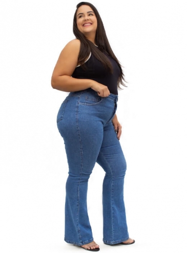 Calça Jeans Flare Plus Size Feminina Cintura Alta, Elastano