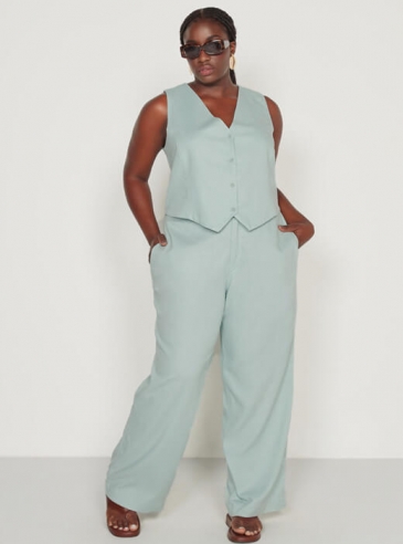 Calça Feminina Plus Size Wide Leg Com Linho