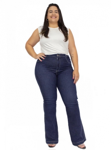 Calça Flare Plus Size Azul Jeans Cintura Alta