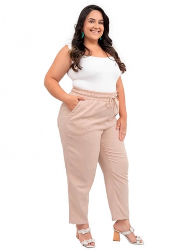 Calça Plus Size, Cós de Elástico, Caqui