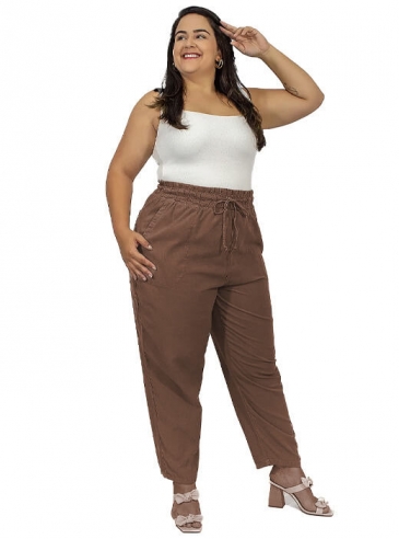 Calça Plus Size, Cós de Elástico, Marrom Chocolate