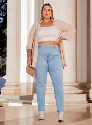 Calça Jeans Feminina Plus Size Cigarrete Azul Claro