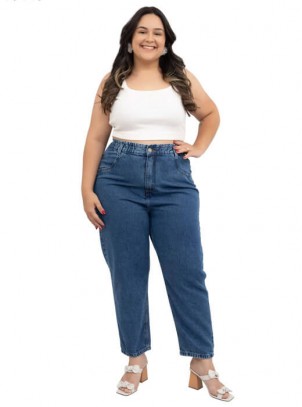Calça Plus Size Jeans Mom Alta Clochard, Azul Médio