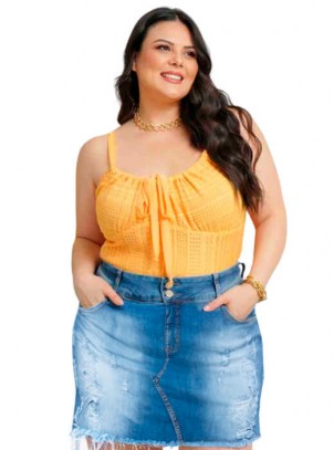 Short Saia Jeans Plus Size Destroyed Barra Desfiada