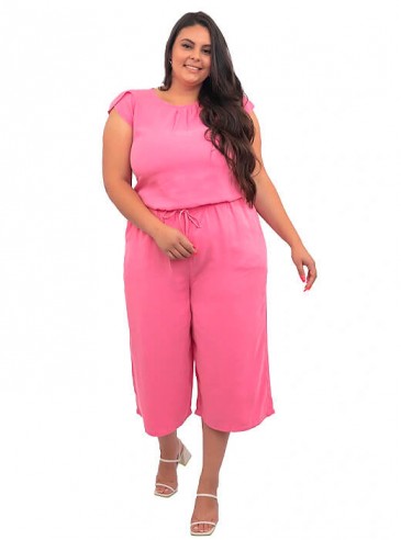 Calça Plus Size Pantacourt Cós Elástico Rosa Claro