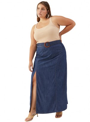 Saia Longa Jeans Plus Size Fenda Lateral