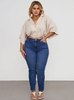 Calça Feminina Plus Size Skinny Com Metais