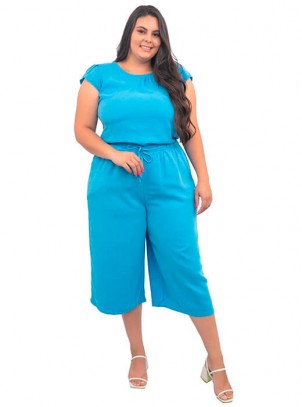 Calça Plus Size Pantacourt Cós Elástico Azul Bic