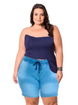 Bermuda Plus Size Jeans Cós Elastico
