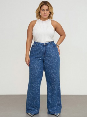 Calça Feminina Plus Size Wide Leg Jeans Multi Brilhos
