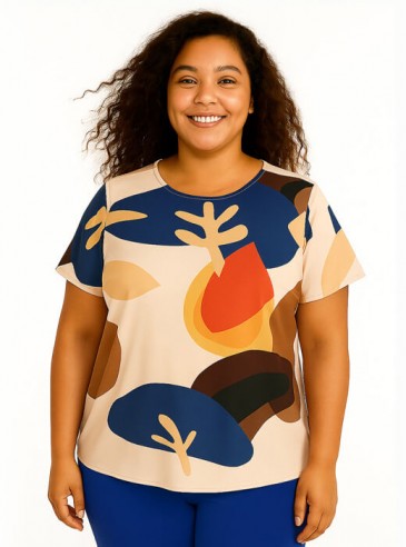 Blusa Feminina Plus Size Estampada Nude e Azul