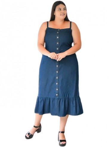 Vestido Plus Size Jeans Midi Barra Babado