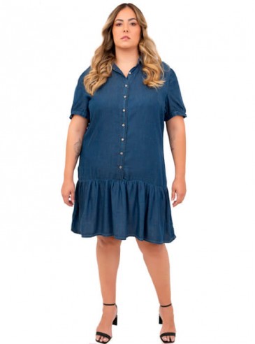 Vestido Plus Size Jeans, Manga Curta, Babado