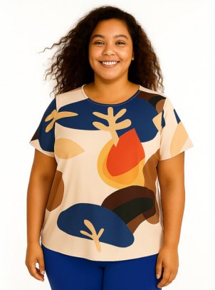 Blusa Feminina Plus Size Estampada Nude e Azul