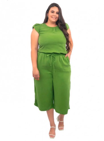 Calça Plus Size Pantacourt Cós Elástico Verde Oliva