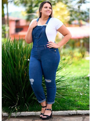 Jardineira Jeans Plus Size Com Lycra Azul Escuro