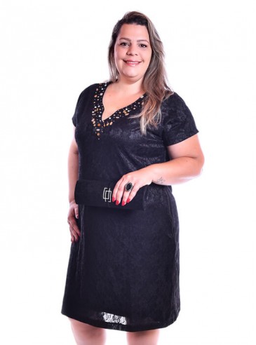 Vestido Plus Size Preto Cetim com Renda