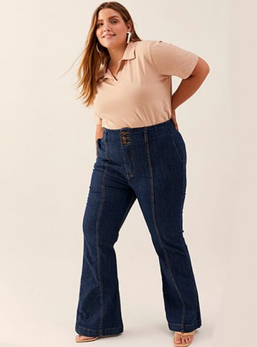 Calça Flare Plus Size Jeans Cintura Alta