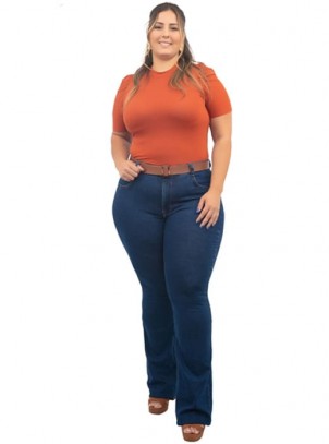 Calça Flare Plus Size Com Cinto Azul Escuro