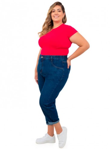 Calça Plus Size Jeans Mom Alta Clochard