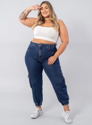 Calça Feminina Plus Size Jogger Azul Jeans