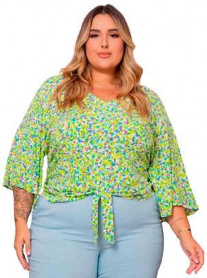 Blusa Plus Size Floral Com Nó