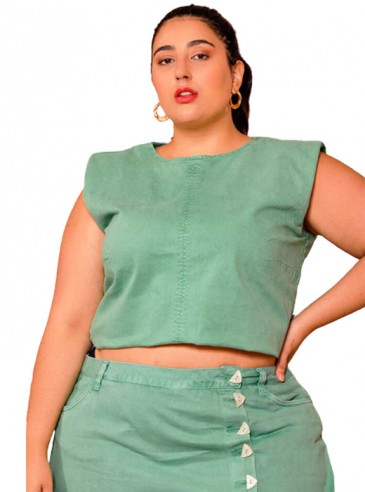 Top Plus Size em Jeans Color Recortes Muscle