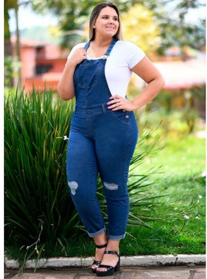 Jardineira Jeans Plus Size Com Lycra Azul Escuro