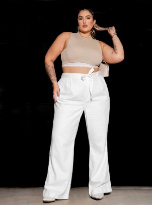 Calça Feminina Plus Size Wide Leg Off White