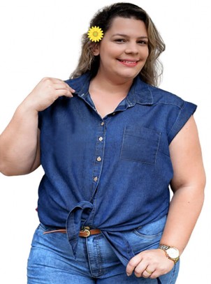 Camisa Jeans Plus Size Manga Curta